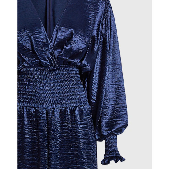 Caroline Constas V Neck Smocked Waist Wide Leg Satin Navy Blue Jumpsuit Small - Picture 2 of 8